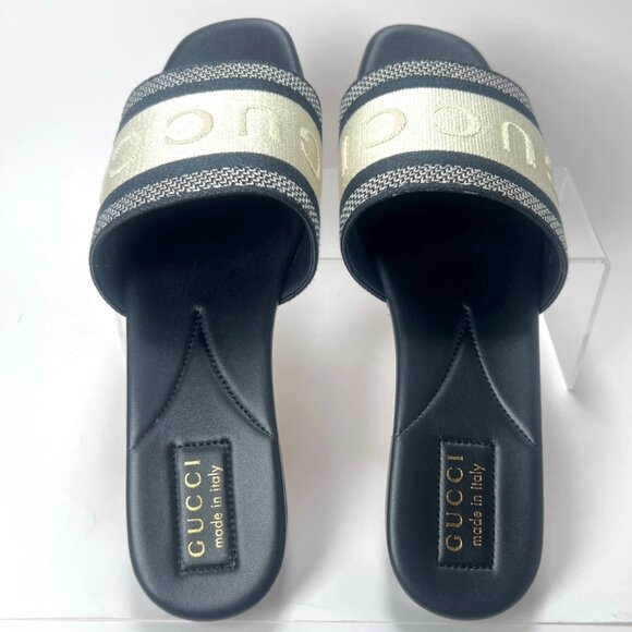 Gucci Jane Slide Sandals Black/White Embroidered Logo Flat Open Toe 38.5 US8.5 - Picture 5 of 11